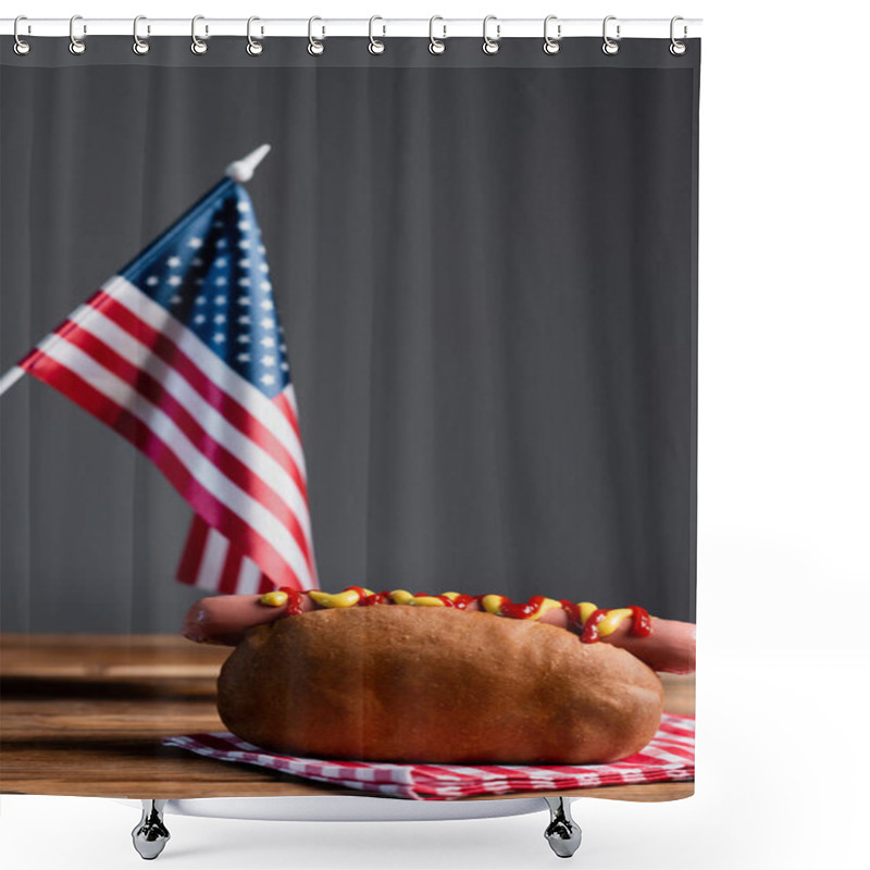 Personality  Blurred American Flag, Hot Dog And Plaid Napkin On Wooden Table Isolated On Grey Shower Curtains