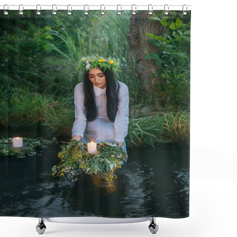 Personality  Slavic Woman Holds Herbal Wreath In Hands Puts On Water, Candles Float. Fantasy Girl Nymph White Long Dress. Summer Green Grass Tree River Bank. Concept Pagan Holiday Of Ivan Kupala Divination Maidens Shower Curtains