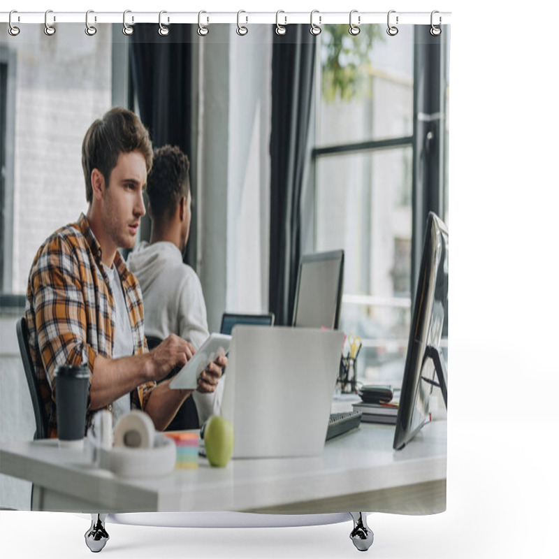 Personality  Selective Focus Of Young Programmer Working In Office Near African American Colleague Shower Curtains