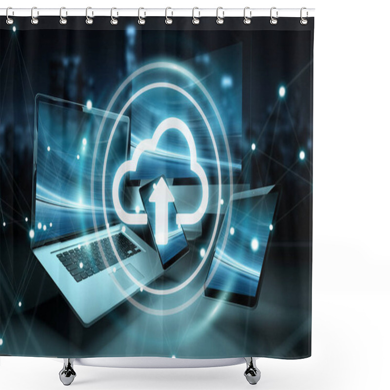 Personality  Cloud Icon Interface Over Modern Tech Devices 3D Rendering Shower Curtains