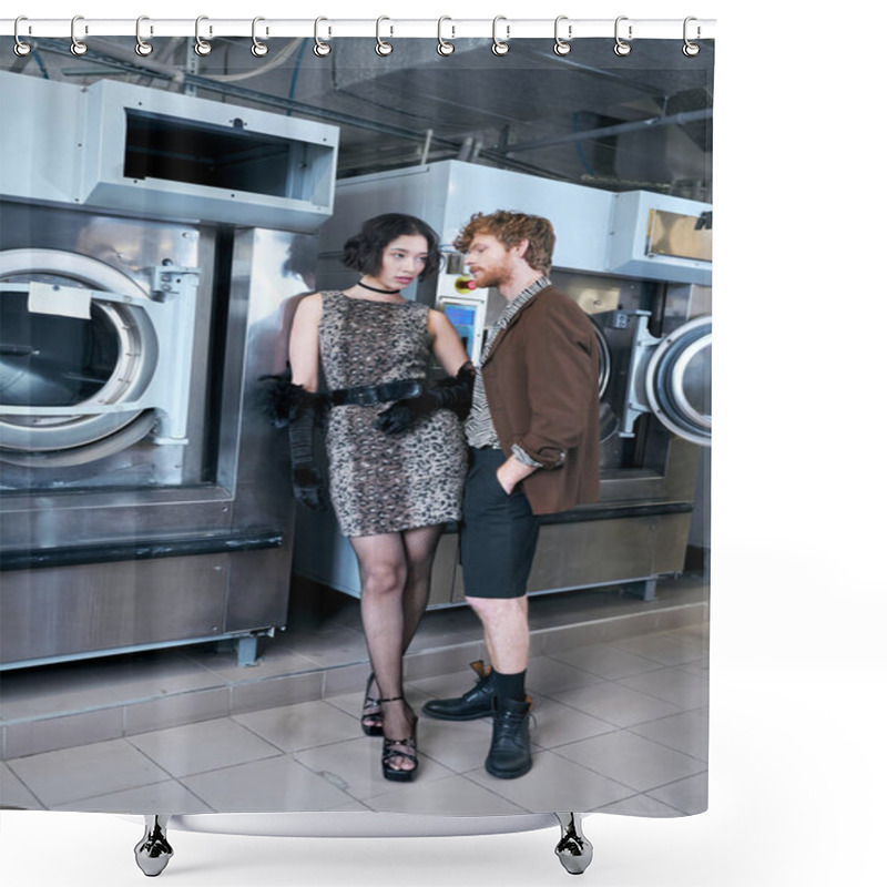 Personality  Full Length Of Fashionable Young Multiethnic Couple Standing Near Washing Machines In Public Laundry Shower Curtains