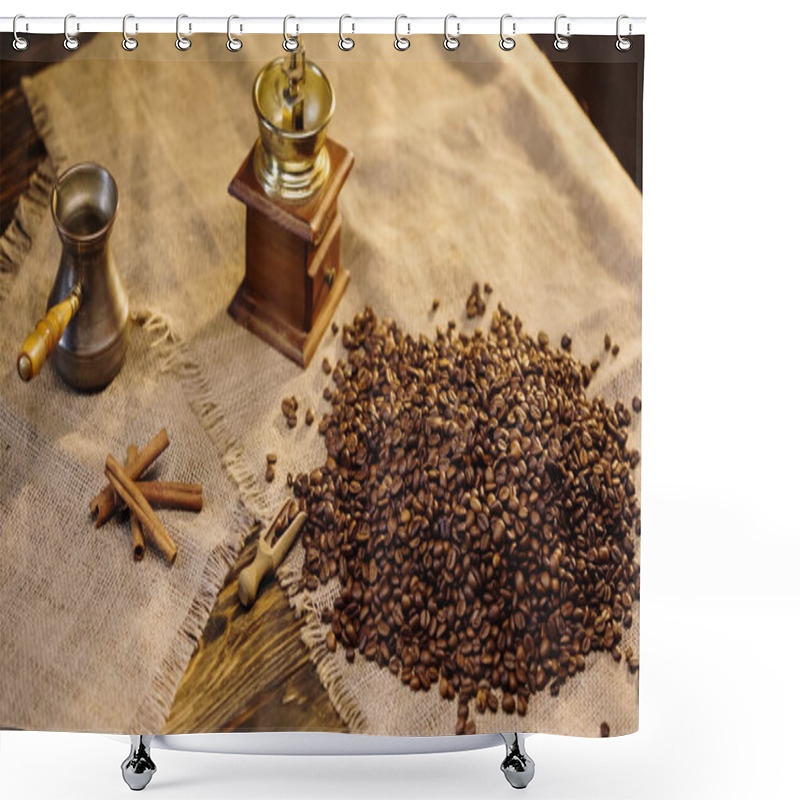 Personality  High Angle View Of Cinnamon Sticks Near Coffee Beans On Canvas  Shower Curtains