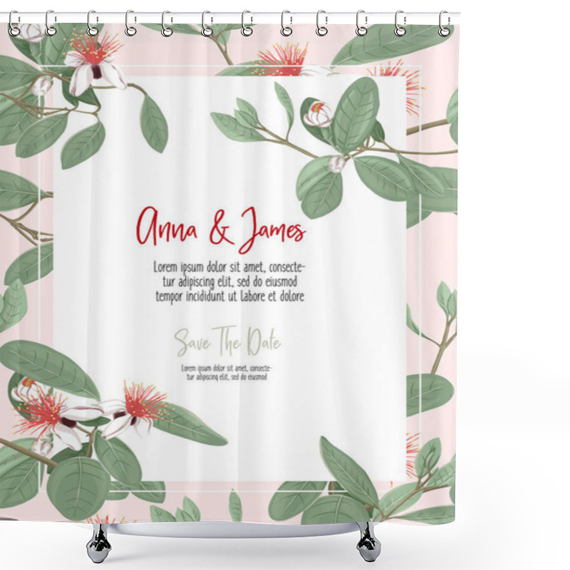 Personality  Template For Invitation, Greeting Card, Banner With Place For Text With Feijoa Flowers. Vector Illustration. In Soft Green Colors On Soft Pink Background. Shower Curtains