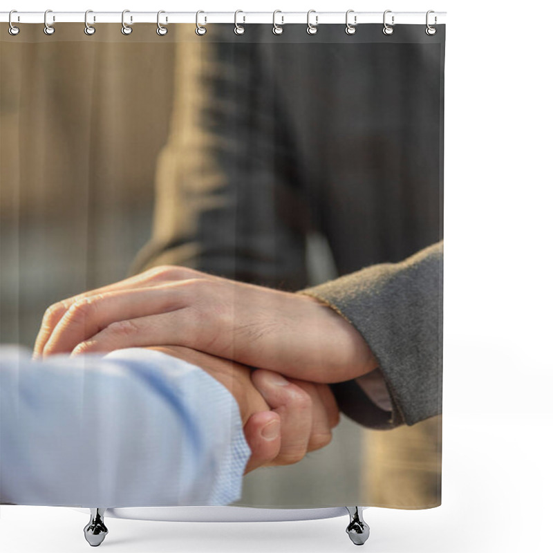 Personality  Vertical Businessman Shaking Hands Together Team Partnership Teamwork. Trust Honesty Business Customer Handshake Together Promise Respect Partner. Vertical Horizon Businessman Solidarity Team Partner Shower Curtains