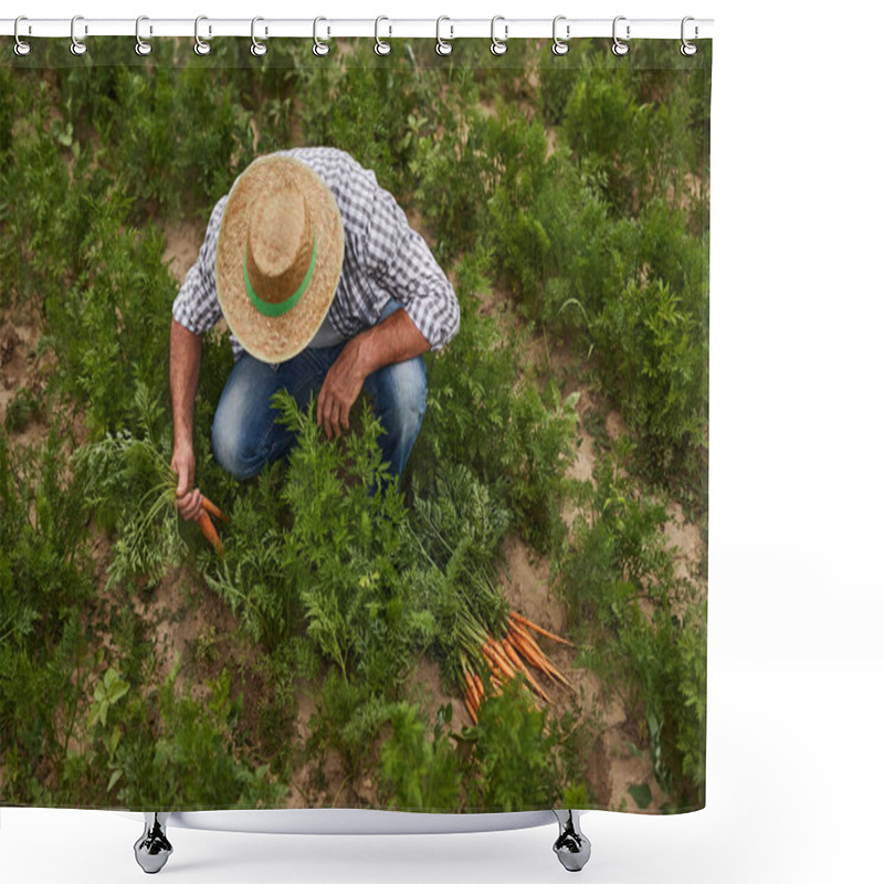 Personality  Farmer Collecting Carrots In Field Shower Curtains