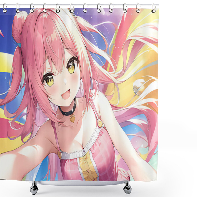 Personality  Anime Girl With Pink Hair In A Pink Swimsuit And Blue Skirt. Shower Curtains