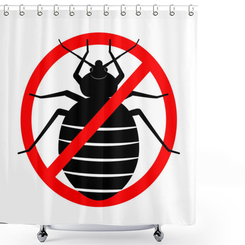 Personality  No Bed Bugs. Anti Bedbug. Insect Prohibition Sign. Pest Control Sign. Cimicidae Icon. Red Crossed Circle With A Bloodsucker. Disinfection Symbol. Vector Flat Illustration. Black Drawing On White Shower Curtains