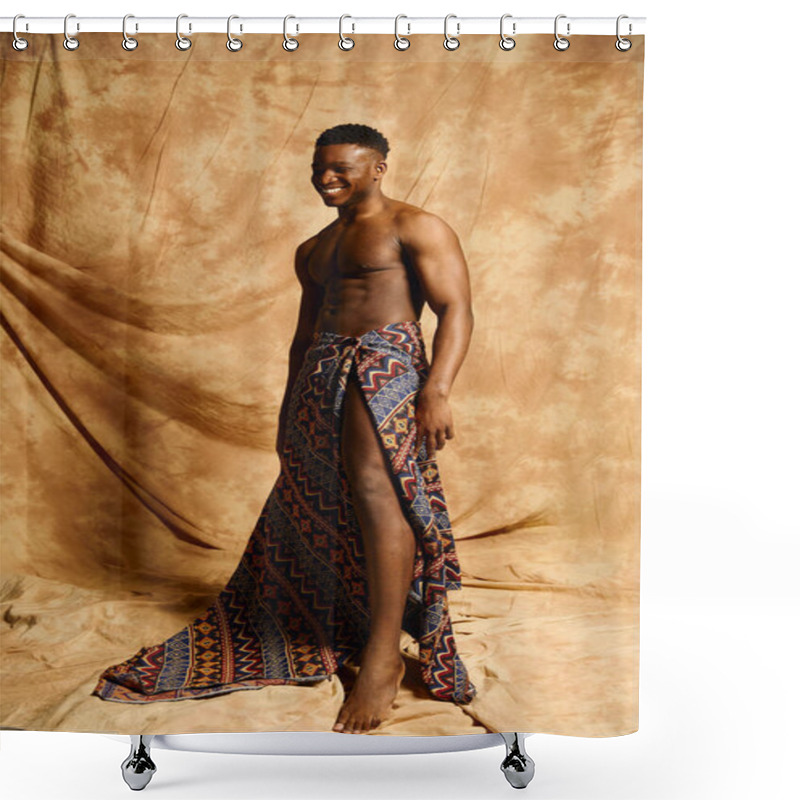 Personality  A Young Handsome African American Man Stands Confidently, Posing Topless In A Creative Studio Setting. His Vibrant Patterned Fabric Drapes Elegantly, Highlighting His Physique Against A Warm Backdrop. Shower Curtains