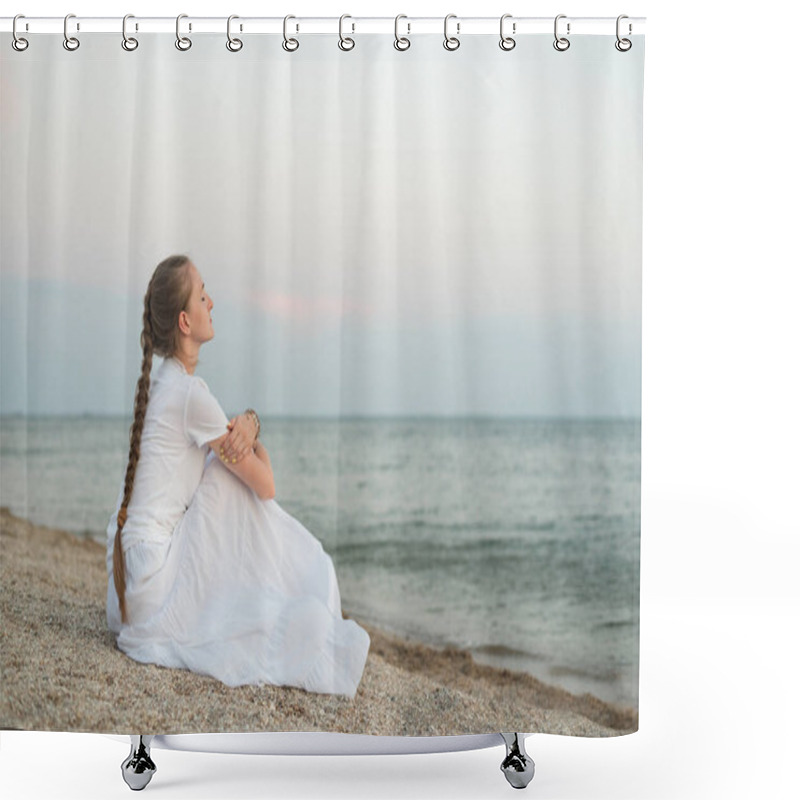 Personality  Young Beautiful Woman Sitting On Sandy Beach Against Sea And Dreams. Keep Calm. Shower Curtains