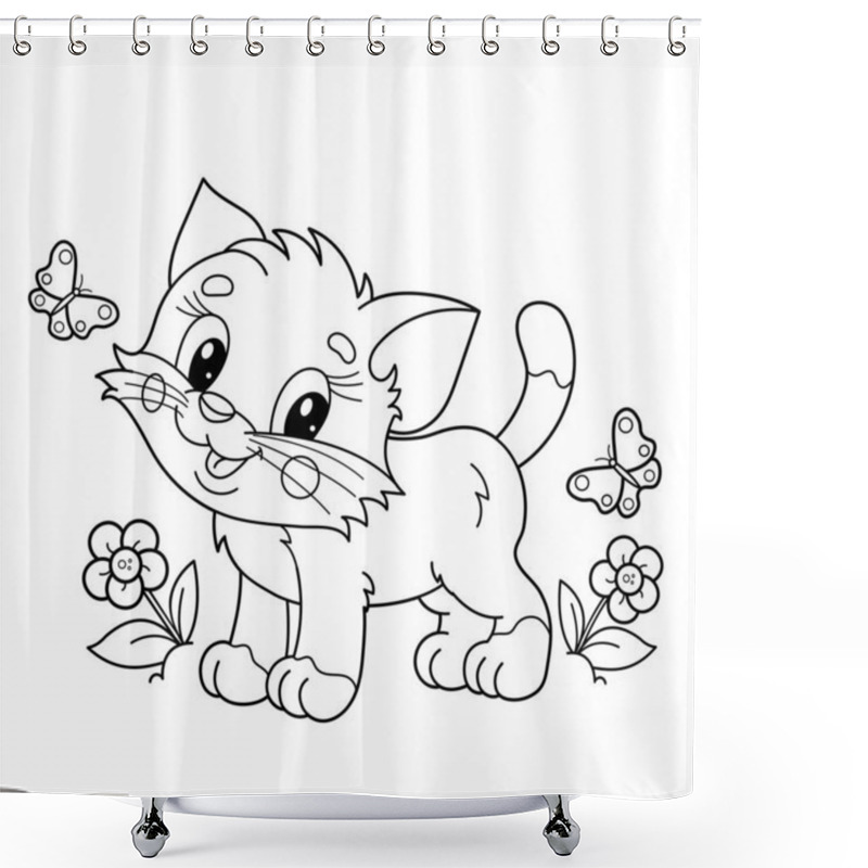 Personality  Coloring Page Outline Of Cartoon Little Cat On Flower Clearing. Cute Kitten With Butterfly. Pet. Coloring Book For Kids Shower Curtains