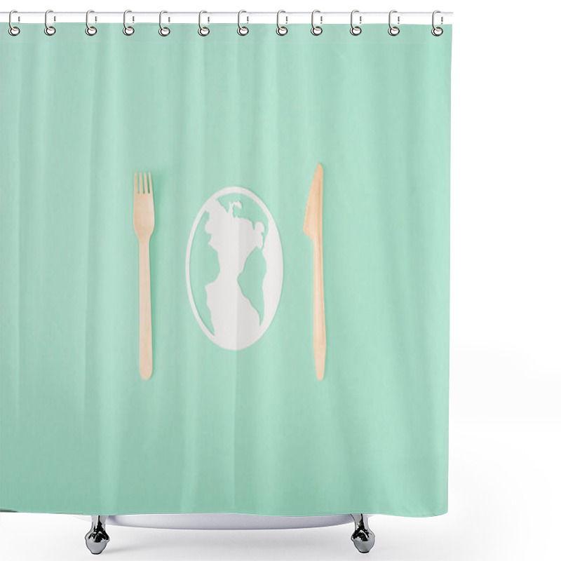 Personality  Top View Of Wooden Cutlery And Papers Planet Sign On Green Background, Ecology Concept Shower Curtains