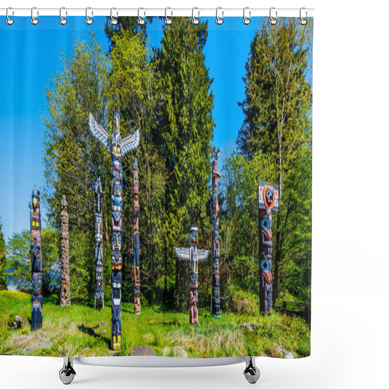 Personality  Colorful Indigenous Totem Poles Representing Art And Religious Symbols Of West Coast Indigenous Peoples Placed In Stanley Park In Vancouver, Canada Shower Curtains