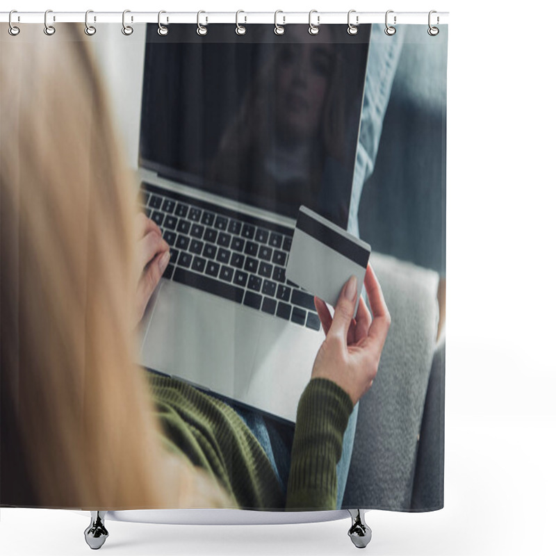 Personality  Selective Focus Of Woman Using Laptop With Blank Screen While Holding Credit Card Shower Curtains