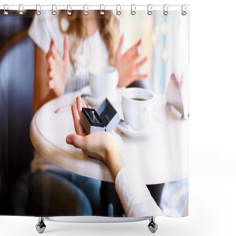 Personality  Young Couple With Engagement Ring In A Restaurant Shower Curtains