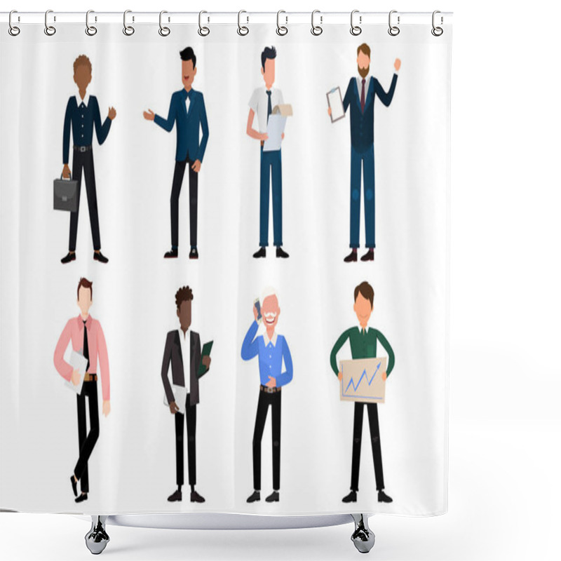 Personality  A Variety Of Job Bundles For Hosting Illustration Work Such As Businessman, Investor, Planner, Office Staff In A White Background. Vector Illustration Flat Design Shower Curtains