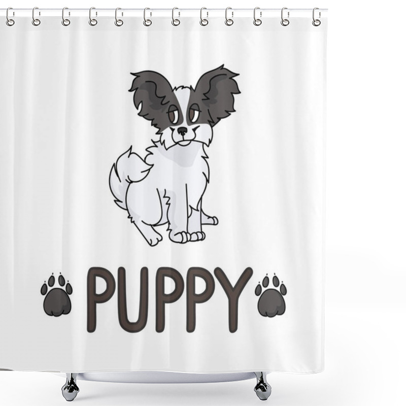 Personality  Cute Cartoon Papillon Puppy With Text Word And Paw Print Vector Clipart. Pedigree Kennel Doggie Breed For Dog Lovers. Purebred Dog For Pet Partlor Illustration. Isolated Fluffy Hound. EPS 10.  Shower Curtains