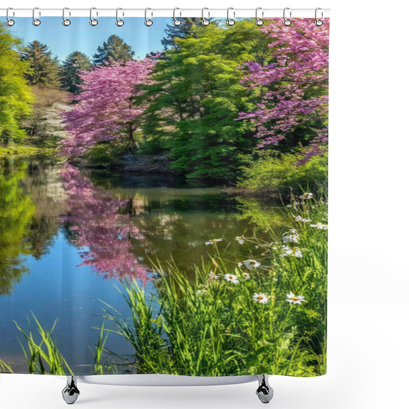 Personality  A Scenic River With Kayakers Gliding Through Lush Water Surrounded By Pink And White Flowers Of Spring Trees And Tall Grass Lining The Riverbank. Shower Curtains