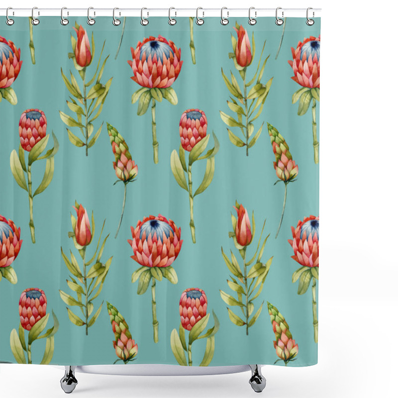 Personality  Watercolor Protea Flowers, Green Branches And Leaves Seamless Pattern, Hand Painted On A Blue Background Shower Curtains