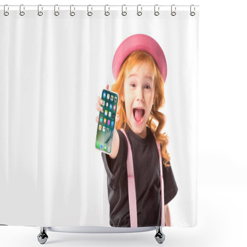 Personality  Stylish Kid In Pink Hat And Suspenders Showing Smartphone With Programs Icons Isolated On White Shower Curtains