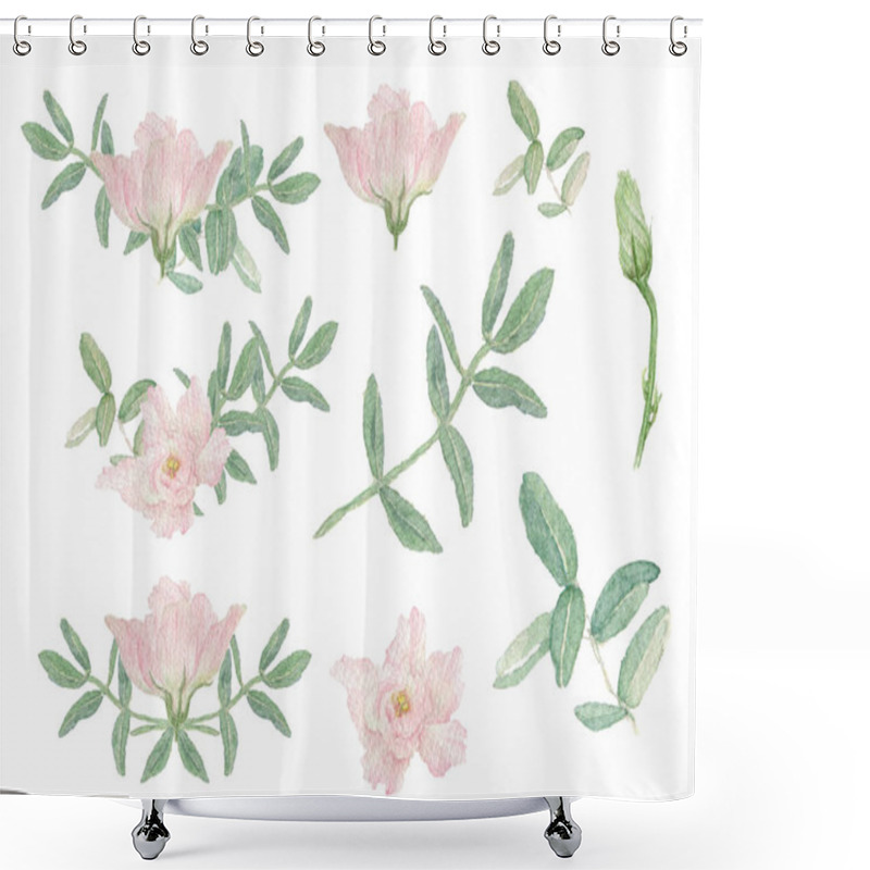 Personality  Watercolor Illustration Set Of Elements And Corners, Pastel Pink Flowers, Green Leaves Drawn By Hand On A White Background. Flower Composition For Wedding, Birthday Cards, Decoration. Shower Curtains