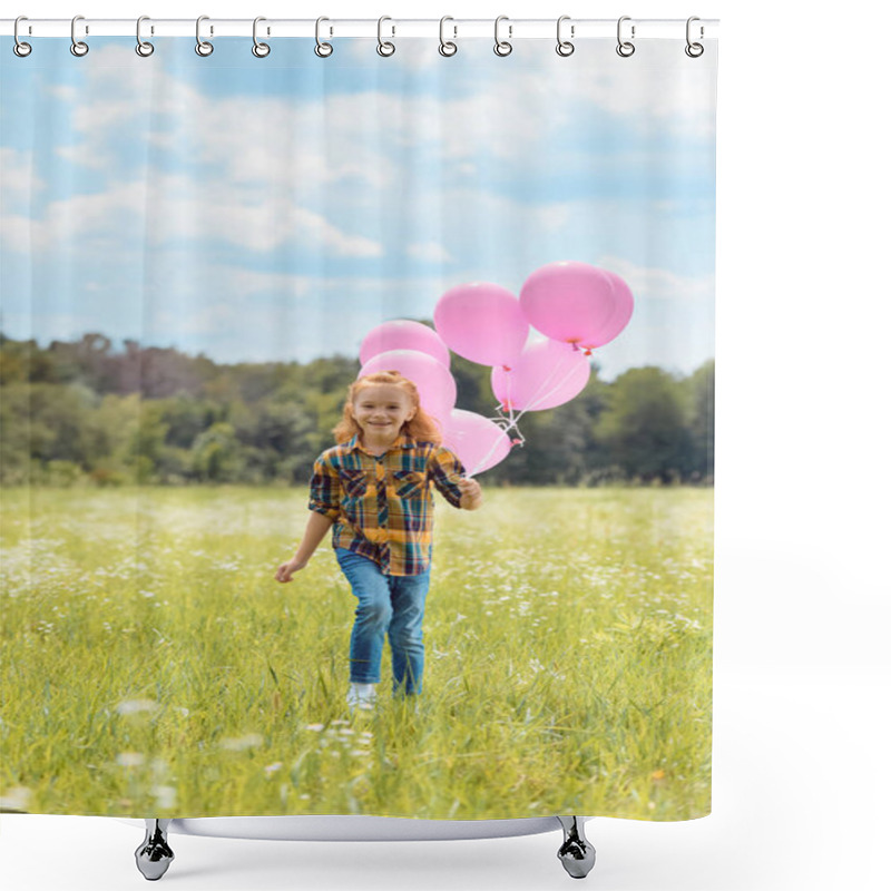 Personality  Cheerful Kid With Pink Balloons In Hand Running In Meadow Shower Curtains