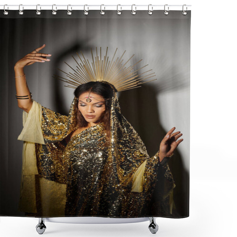 Personality  In A Captivating Studio, A Stunning Figure Adorned In Gold Captivates With Her Graceful Dance And Elegance. Shower Curtains