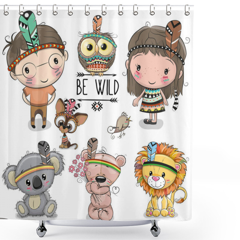 Personality  Set Of Cute Tribal Girl And Boy And Animals Shower Curtains