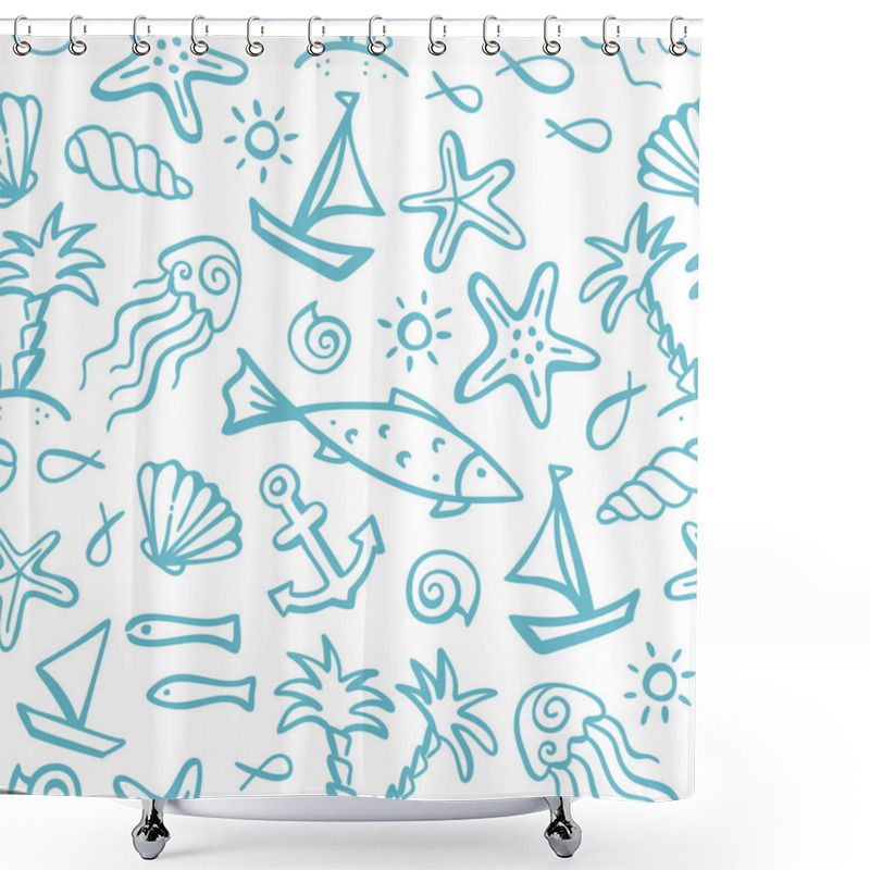 Personality  Seamless Pattern Of Ocean Animals And Plants, Fish, Anchor, Boat, Ship, Jellyfish, Shell, Starfish, Palms On An Island, Sun. Shower Curtains