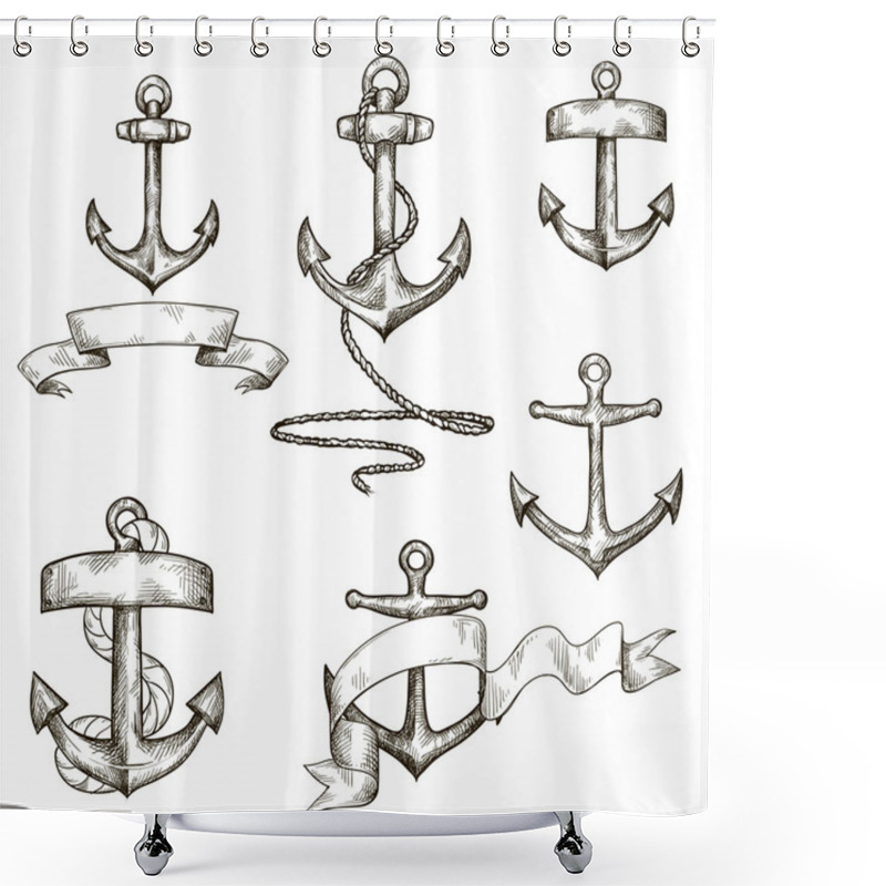 Personality  Set Of Hand Drawn Anchors And Ribbons Shower Curtains