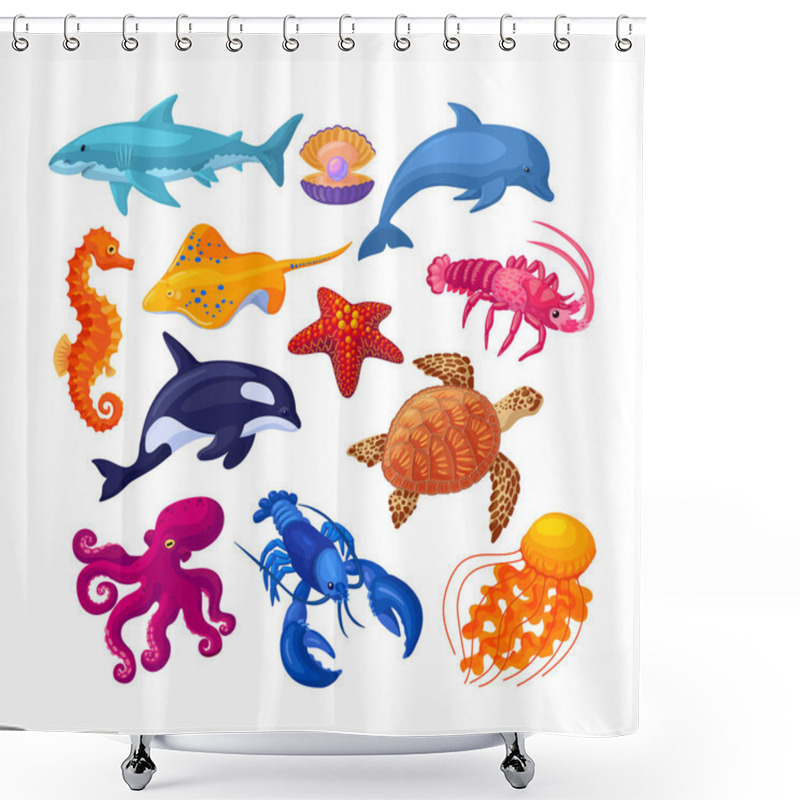 Personality  Sea And Ocean Underwater Animals. Seahorse, Sea Turtle, Stingray, Shark, Killer Whale, Lobster, Octopus, Starfish, Jellyfish, Dolphin, Pearl Clam, Lobster. Sea Life Marine Animals Cartoon Vector Shower Curtains