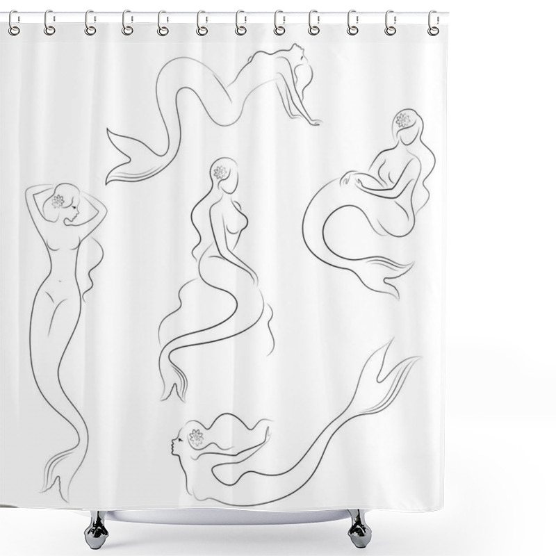 Personality  Collection. Silhouette Of A Mermaid. Girls Bathe In A Beautiful Pose. The Lady Is Young And Slender. Fantastic Image Of A Fairy Tale. Set Of Vector Illustrations Shower Curtains