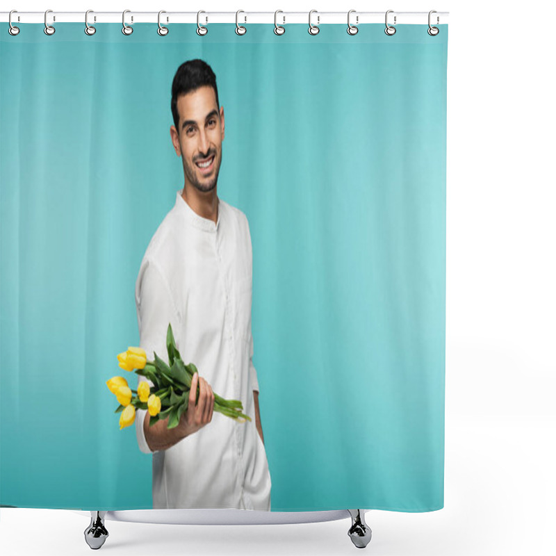 Personality  Cheerful Arabian Man Holding Tulips Isolated On Blue  Shower Curtains