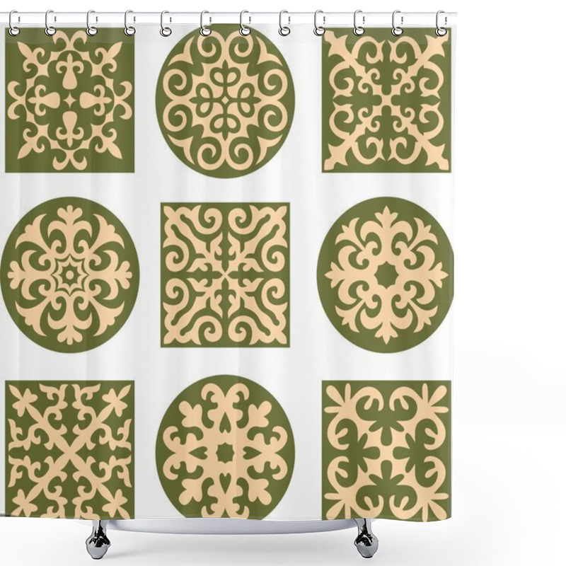 Personality  Vector Set Of Green And Gold  Signs Kazakh National Ornament. Ethnic Endless Pattern Of The Peoples Of The Great Steppe, Shower Curtains