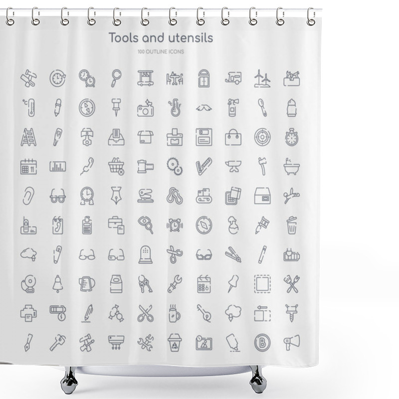 Personality  100 Tools And Utensils Outline Icons Set Such As Megaphone Side View, Highlight, Edit Picture, Recycling Bin, Cross Wrench, Air Conditioning, Reparation, Key Ring Shower Curtains