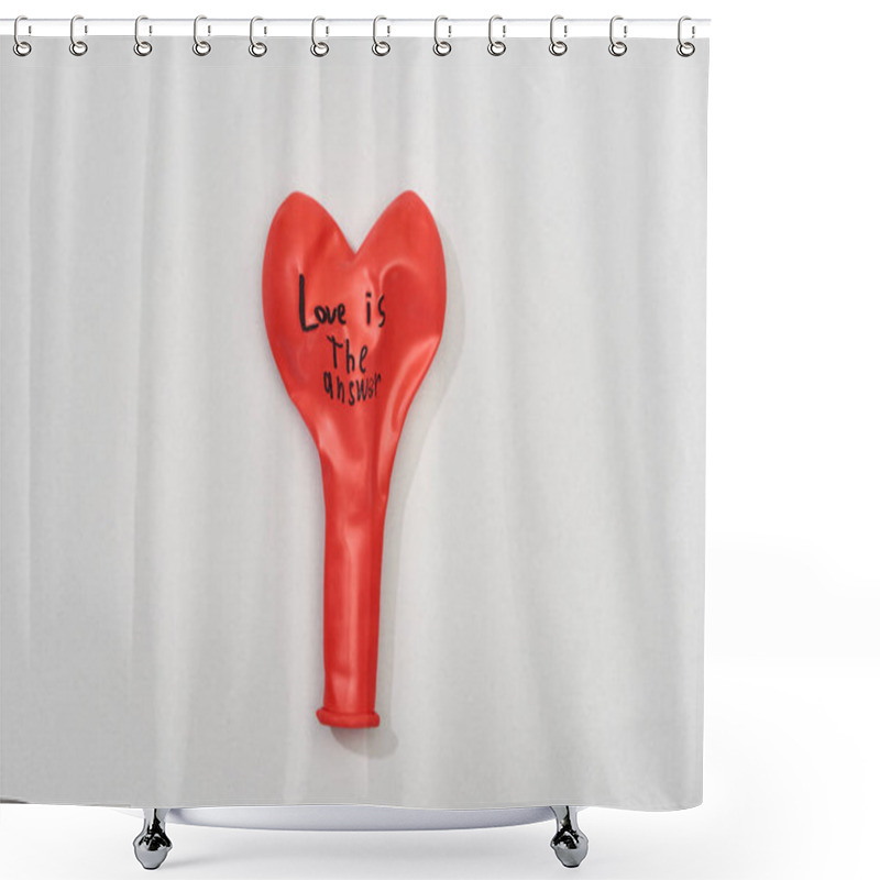 Personality  Top View Of Red Balloon With Love Is Answer Quote On Grey Background Shower Curtains