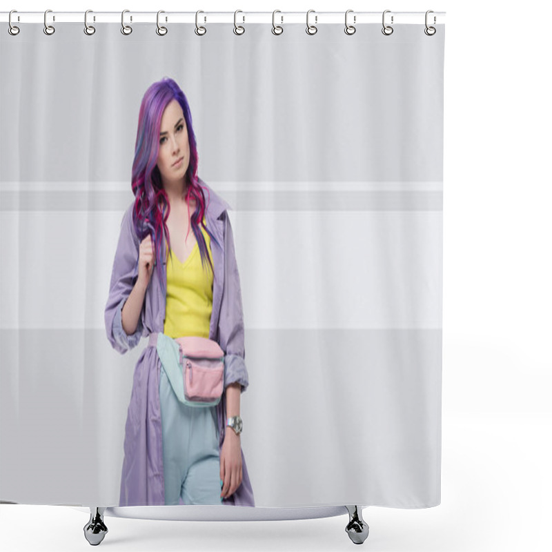 Personality  Beautiful Young Woman In Purple Trench Coat With Waist Pack On Creative Background Shower Curtains