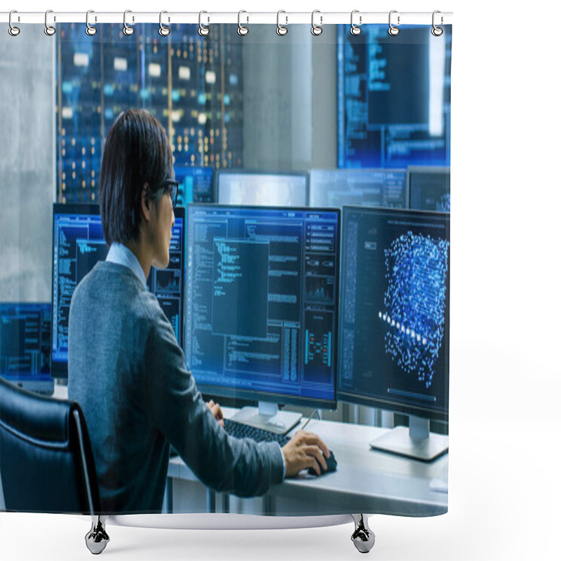 Personality  In The System Control Room Technical Operator Works At His Workstation With Multiple Displays Showing Graphics. IT Technician Works On Artificial Intelligence, Big Data Mining, Neural Network Project. Shower Curtains