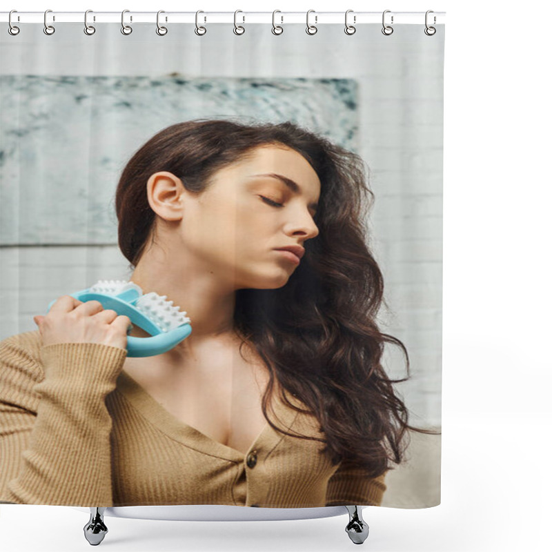 Personality  Young Brunette Woman With Closed Eye Holding Handled Massager While Doing Self-massage Of Lymphatic Nodes In Blurred House, Enhancing Self-awareness And Body Relaxation Concept, Balancing Energy Shower Curtains