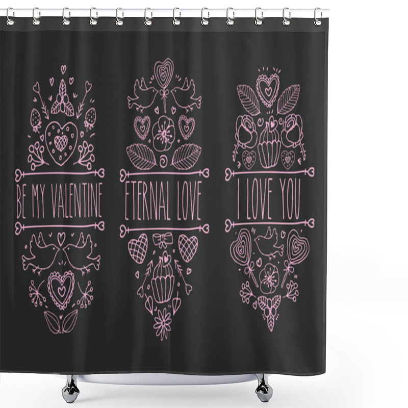 Personality  Valentines Day Sketch Doodle Collection, Vector Hand Drawn Label Element Set. Love Heart, Floral, Branch, Arrow, Pigeon, Bow, Flower, Leaf, Lollipop, Candy, Rose, Cupcake, Beryy. Romantic Collection. Shower Curtains