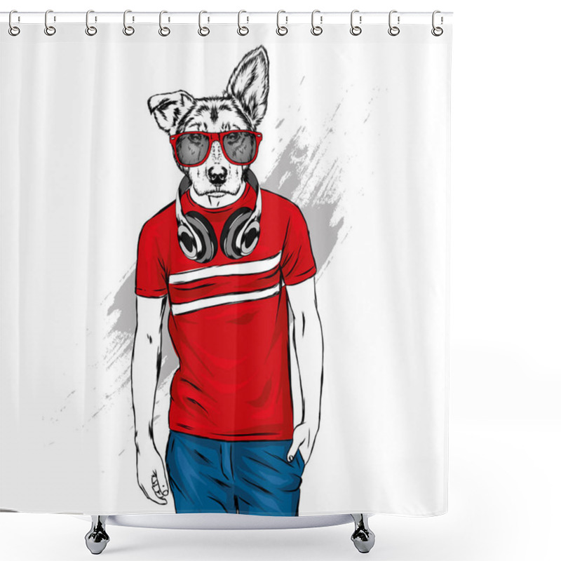 Personality  The Guy With The Head Of A Dog. Animal Hipster In A T-shirt And Headphones. Vector Illustration For Greeting Card Or Poster, Print On Clothes. Fashion And Style, Clothing And Accessories.  Shower Curtains