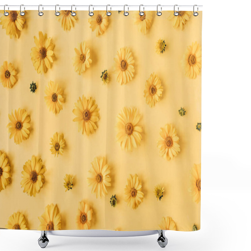 Personality  Flat Lay Yellow Daisy Flower Buds Pattern On Yellow Background. Top View Floral Texture. Shower Curtains