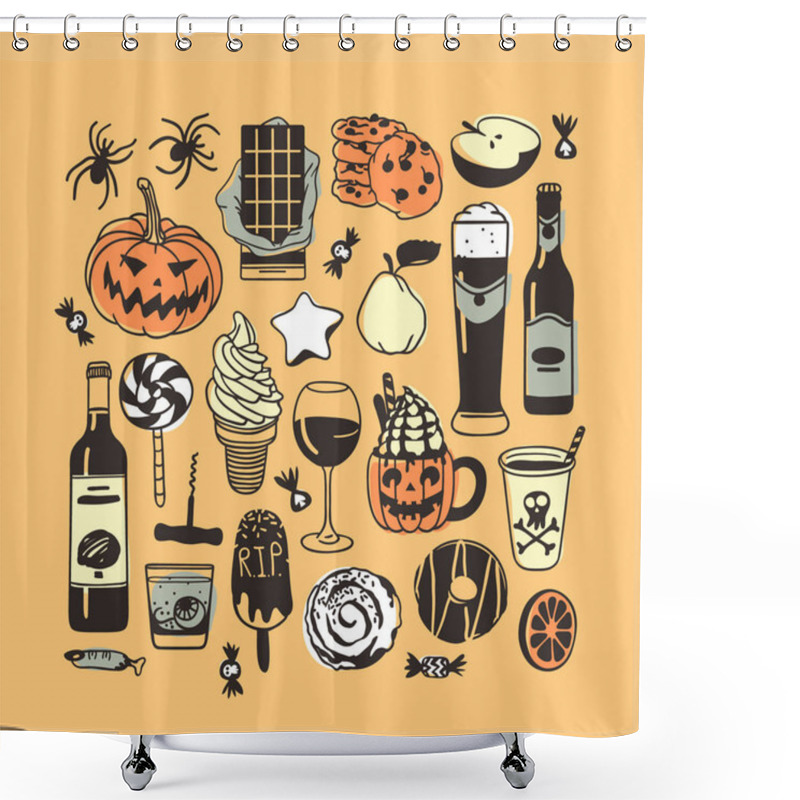 Personality  Hand Drawn Illustration Candy, Cookie, Pumpkin, Ice Cream, Cocktail. Creative Ink Art Work. Actual Vector Drawing Food And Drink. Artistic Isolated Halloween Objects Shower Curtains