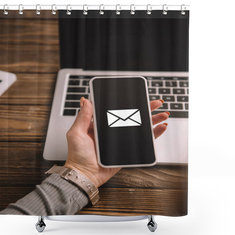 Personality  Cropped View Of Businesswoman Holding Smartphone With Email Icon Shower Curtains