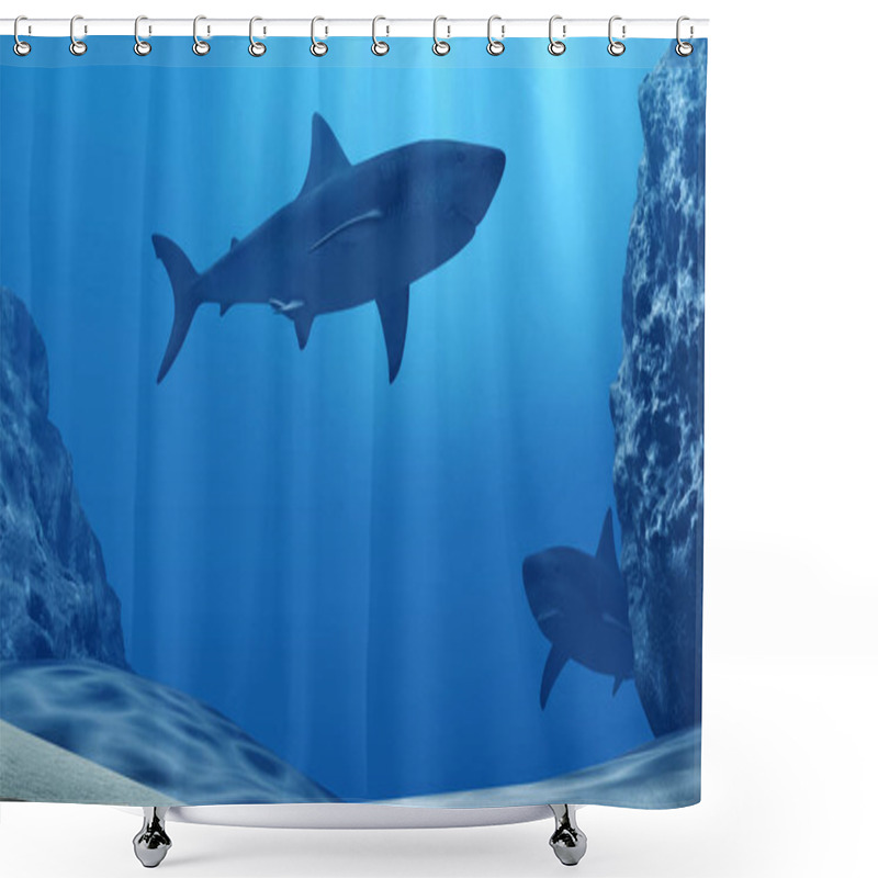 Personality  Flock Of Sharks Underwater With Sun Rays And Stones In Deep Blue Sea Shower Curtains