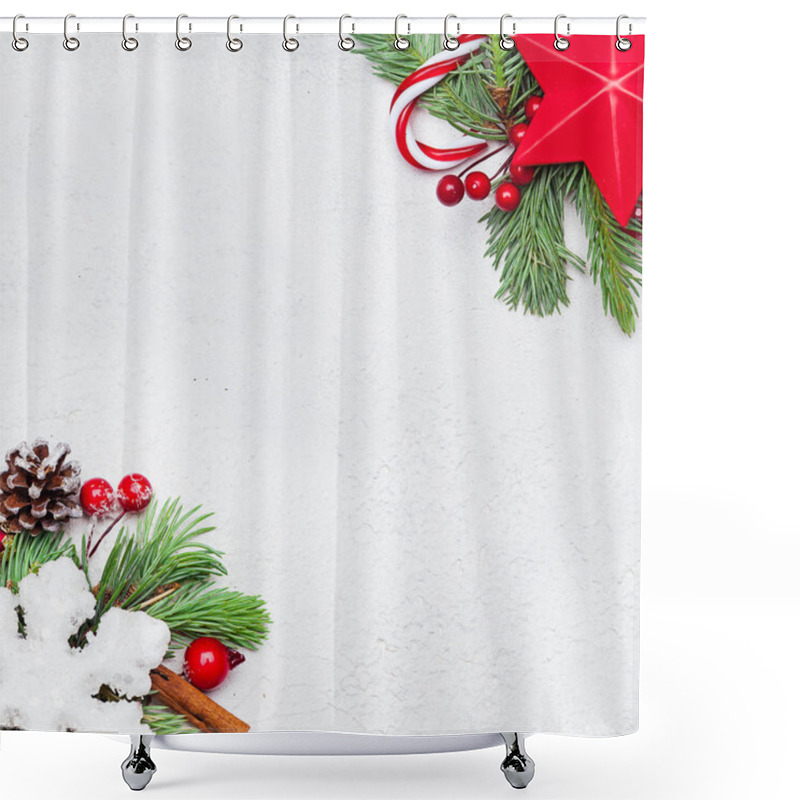 Personality  Christmas Composition. Red Stars, Holly Berries, Snowflake Shower Curtains