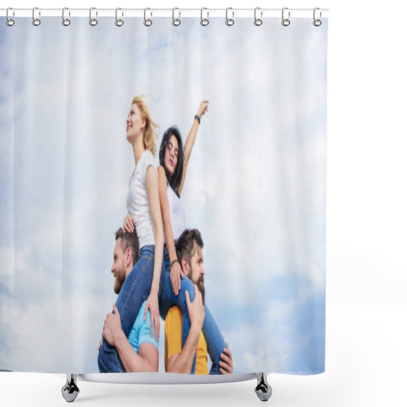 Personality  Enjoying Life. Playful Couples In Love Smiling On Cloudy Sky. Loving Couples Enjoy Fun Together. Loving Couples Having Fun Activities Outdoor. Happy Men Piggybacking Their Girlfriends Shower Curtains