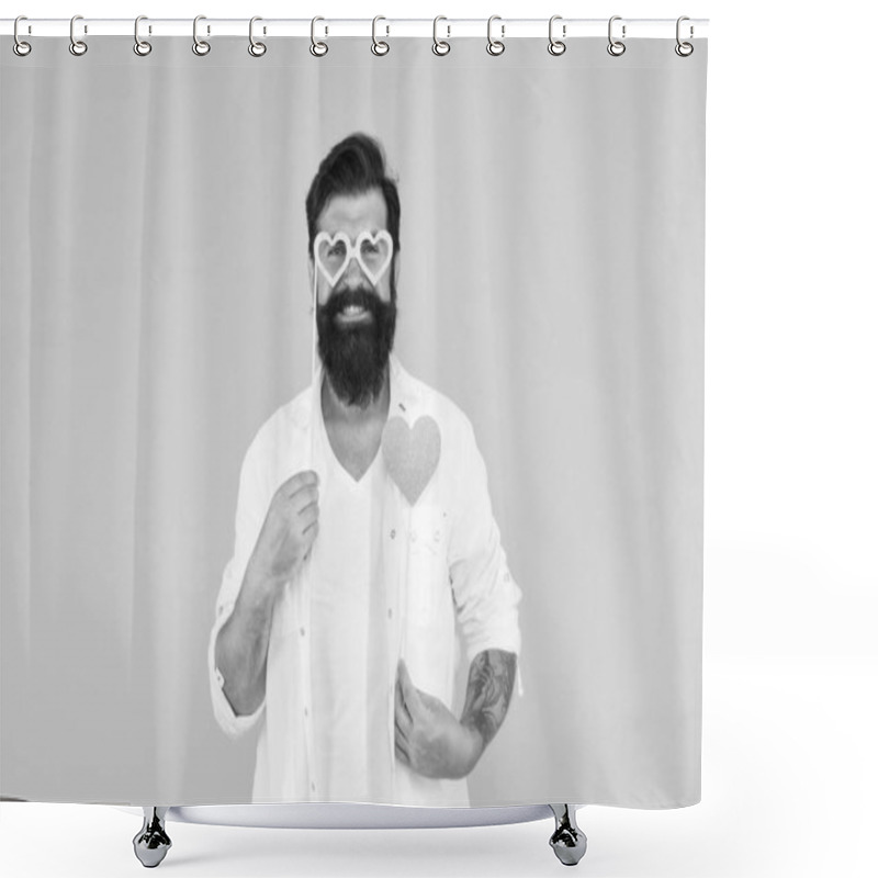 Personality  Start This Party. Expressing Love. Health Care Concept. Positive Vibes. Romantic Mood. Happy Valentines Day. Bearded Man Holding Heart. Hipster With Small Heart. Valentine Man With Heart Shaped Card Shower Curtains