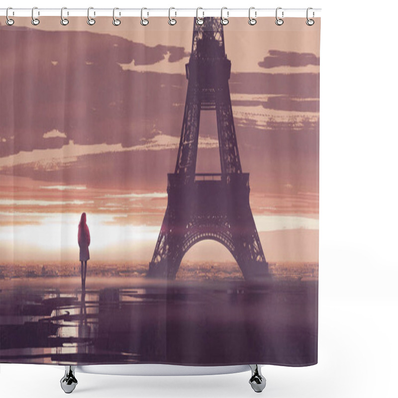 Personality  Alone In Paris, Woman Looking At The Eiffel Tower At Early Morning, Digital Art Style, Illustration Painting Shower Curtains