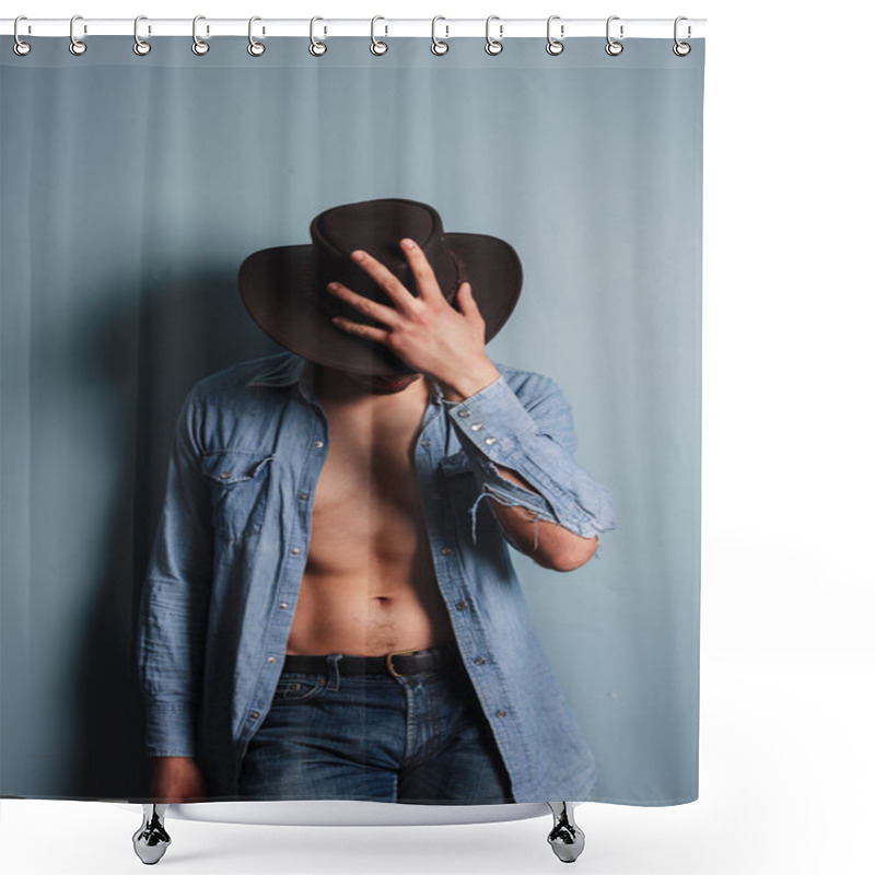 Personality  Sexy Young Cowboy With His Shirt Open Shower Curtains