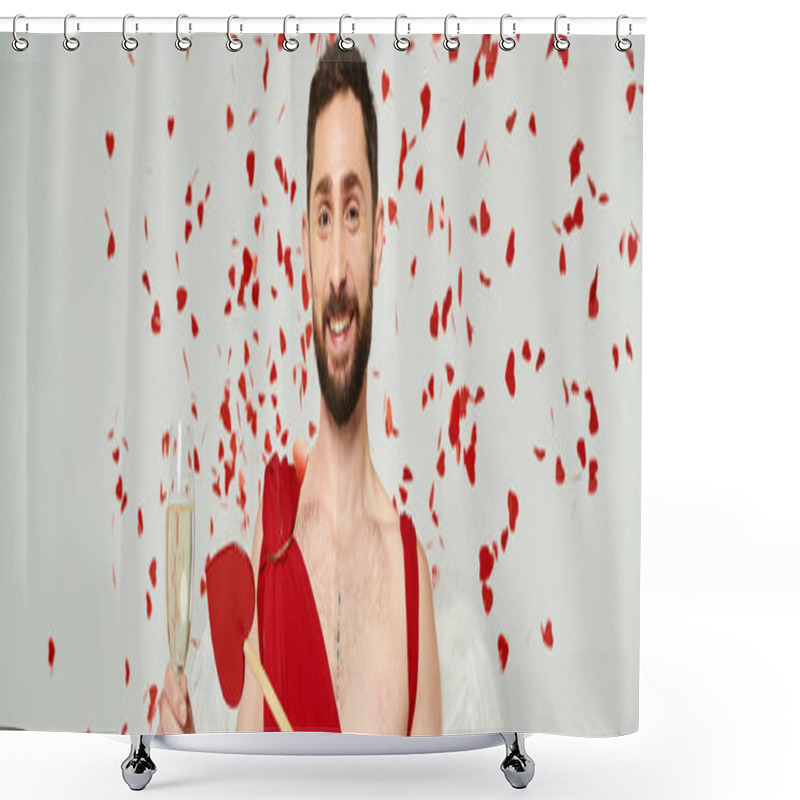 Personality  Cheerful Bearded Man Dressed As Cupid With Arrow And Champagne Under Red Confetti On Grey, Banner Shower Curtains